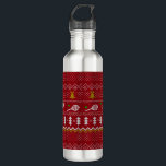 Tennis Christmas Sweater Knitted Pattern Red Xmas  710 Ml Water Bottle<br><div class="desc">Warm and cozy winter days and nights illustration design, featuring classic knitted funny ugly Christmas sweater with tennis rackets and green tennis balls, jingle bells, fir trees, and snowflakes. Minimalistic Xmas sweater pattern festive design in light blue and white for tennis players. Tennis Christmas pattern sweater. Tennis Xmas design. Scandi...</div>