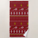 Tennis Christmas Sweater Knitted Pattern Red Xmas Beach Towel<br><div class="desc">Warm and cozy winter days and nights illustration design, featuring classic knitted funny ugly Christmas sweater with tennis rackets and green tennis balls, jingle bells, fir trees, and snowflakes. Minimalistic Xmas sweater pattern festive design in light blue and white for tennis players. Tennis Christmas pattern sweater. Tennis Xmas design. Scandi...</div>