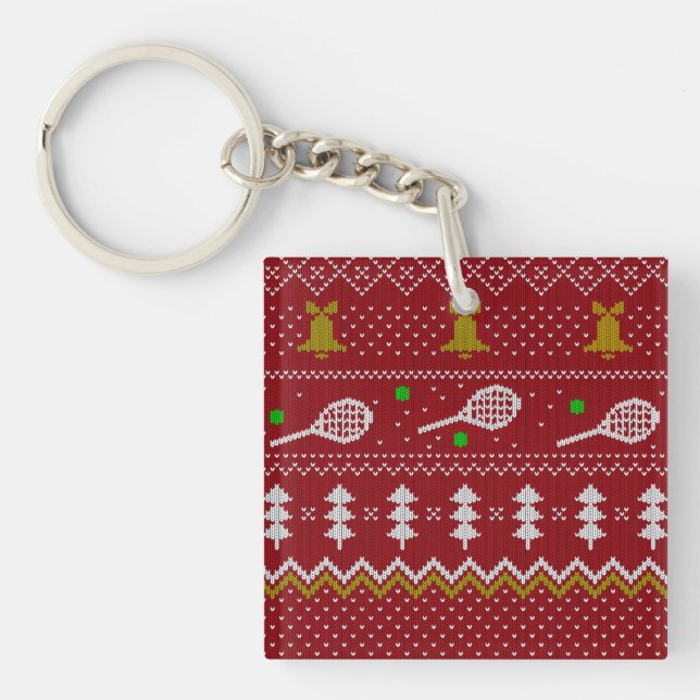 Tennis Christmas Sweater Knitted Pattern Red Xmas Keychain (Front)