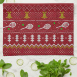 Tennis Christmas Sweater Knitted Pattern Red Xmas Kitchen Towel<br><div class="desc">Warm and cozy winter days and nights illustration design, featuring classic knitted funny ugly Christmas sweater with tennis rackets and green tennis balls, jingle bells, fir trees, and snowflakes. Minimalistic Xmas sweater pattern festive design in light blue and white for tennis players. Tennis Christmas pattern sweater. Tennis Xmas design. Scandi...</div>
