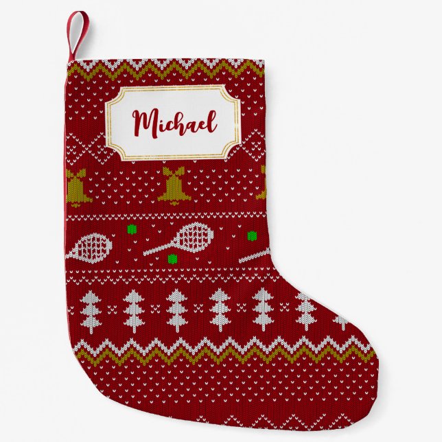 Tennis Christmas Sweater Knitted Pattern Red Xmas  Small Christmas Stocking (Front)