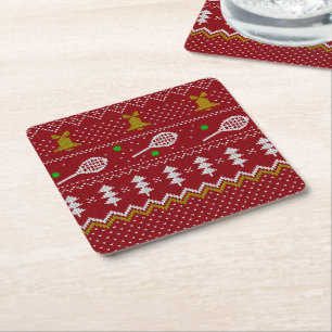Tennis Christmas Sweater Knitted Pattern Red Xmas Square Paper Coaster