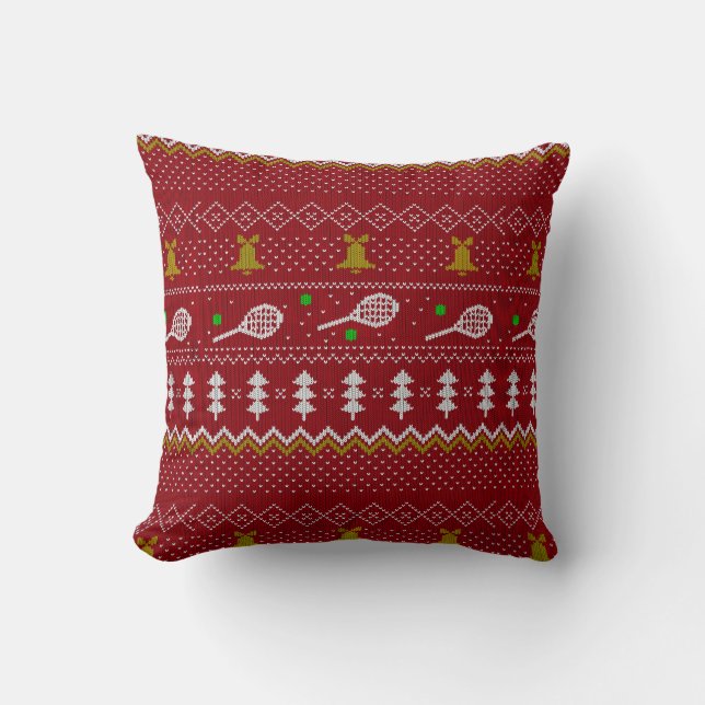 Tennis Christmas Sweater Knitted Pattern Red Xmas  Throw Pillow (Front)