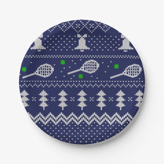 Tennis Christmas Sweater Knitted Pattern Scandi    Paper Plate (Front)