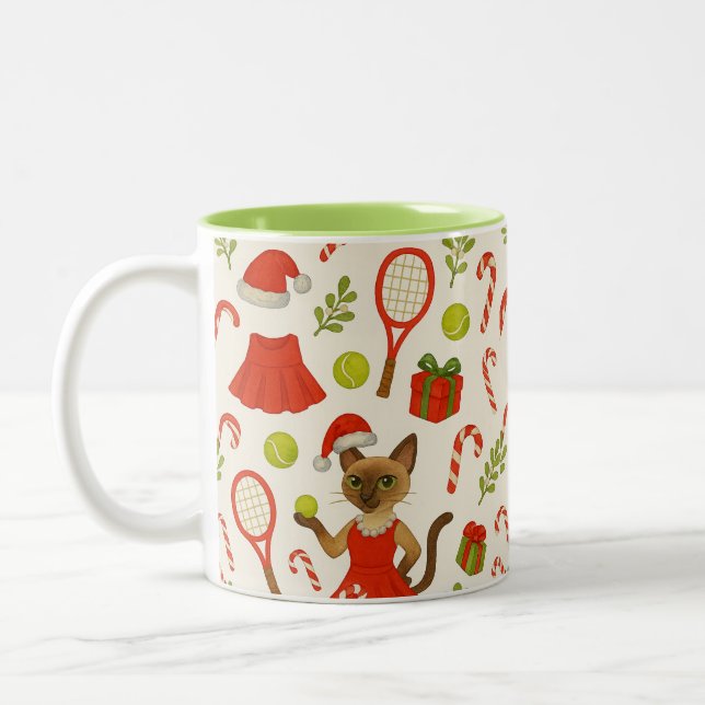 Tennis Christmas themed fir Siamese cat Lovers Two-Tone Coffee Mug (Left)