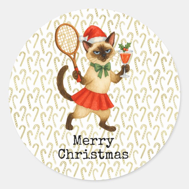 Tennis Christmas themed for Cat lovers  Classic Round Sticker (Front)