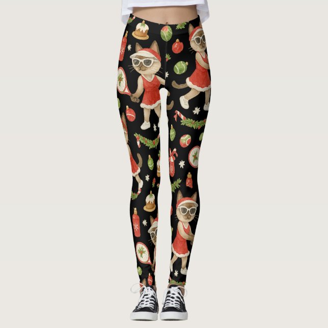 Tennis Christmas themed for Cat lovers  Leggings (Front)