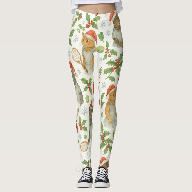 Tennis Christmas themed for Player cat lovers Leggings (Front)