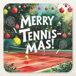 Tennis Christmas themed Merry Tennis Mas Square Paper Coaster