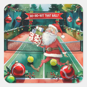 Tennis Christmas themed with Santa Claus on court Square Sticker