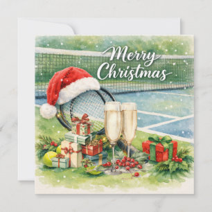 Tennis Christmas with Racket and ball on the court Holiday Card