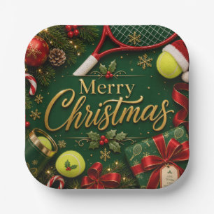 Tennis Christmas with racket and ball Paper Plate