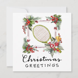 Tennis Christmas with Racket and Christmas Wreath  Holiday Card