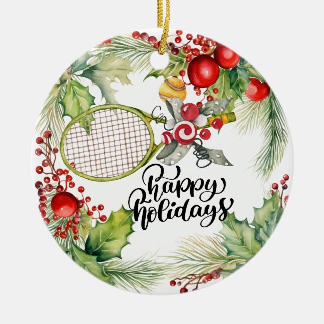 Tennis Christmas with Racket  watercolor Ceramic Ornament (Front)