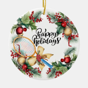 Tennis Christmas with Racket  watercolor Ceramic Ornament