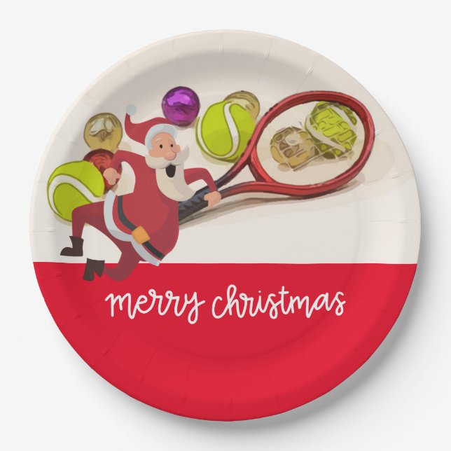 Tennis Christmas with Santa Claus Ball Racket Red  Paper Plate (Front)