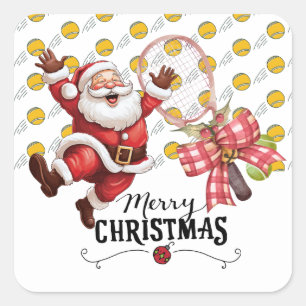 Tennis Christmas with Santa Claus on Balls Square Sticker