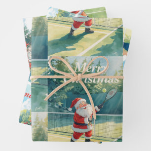 Tennis Christmas with Santa Claus serving on court Wrapping Paper Sheet