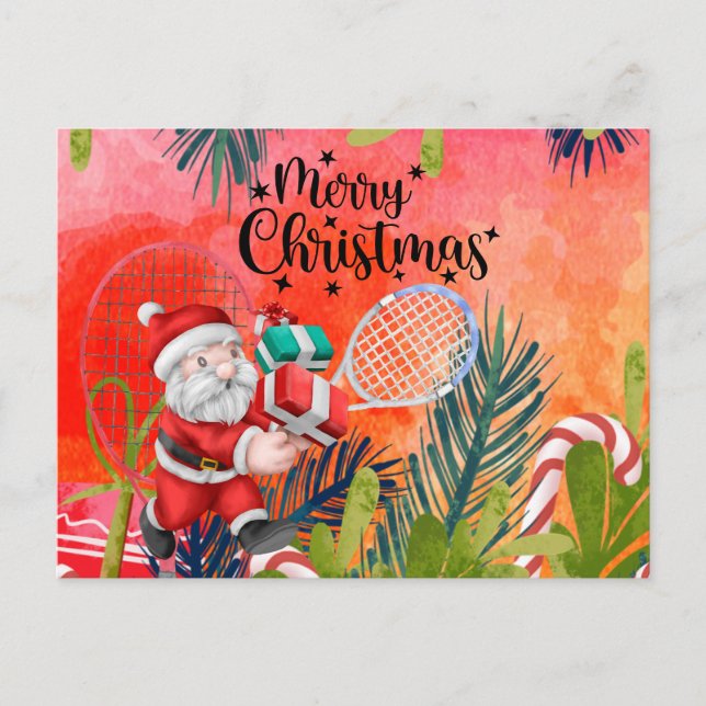 Tennis Christmas with Santa Claus Snowman Holiday Postcard (Front)