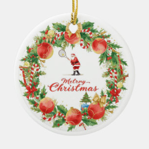 Tennis Christmas with Santa Claus with ball wreath Ceramic Ornament