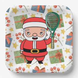 Tennis Christmas with Santa Claus with racket Paper Plate