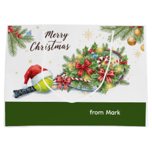 Tennis Christmas with Santa Hat and racket Large Gift Bag
