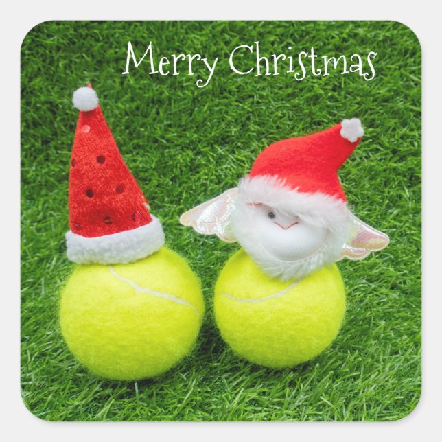 Tennis Christmas with Santa hat on tennis ball Square Sticker (Front)