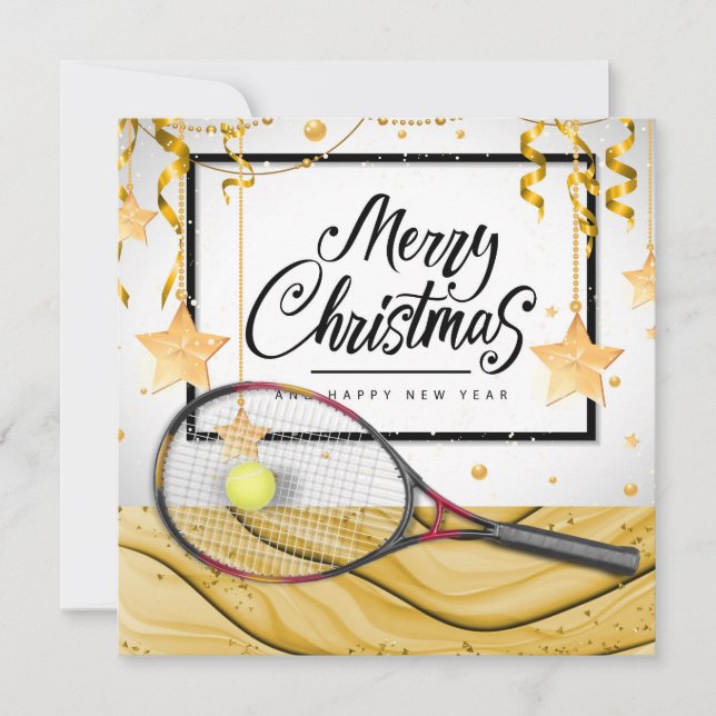 Tennis Christmas with tennis ball and racket Holiday Card (Front)