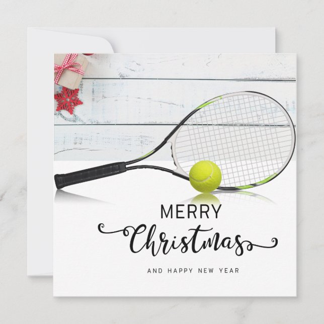 Tennis Christmas with tennis ball and racket Holiday Card (Front)