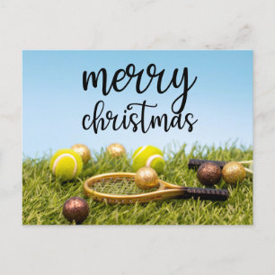 Tennis Christmas with tennis ball and racket Holiday Postcard