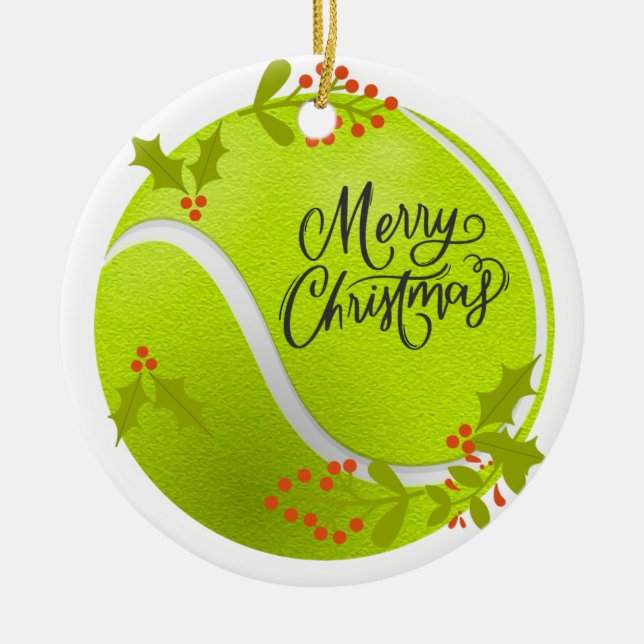 Tennis Christmas with tennis ball and Santa   Ceramic Ornament (Front)