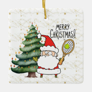 Tennis Christmas with tennis ball and Santa Claus Ceramic Ornament