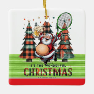Tennis Christmas with tennis ball and Santa Claus Ceramic Ornament