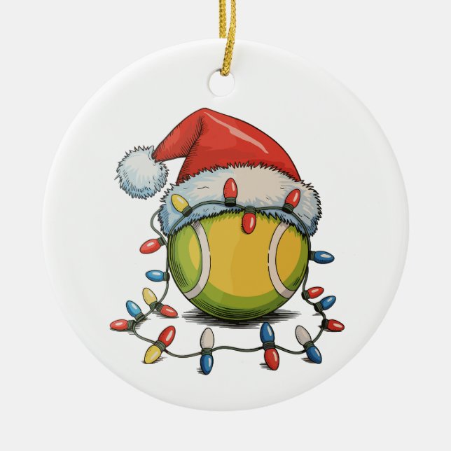 Tennis Christmas Xmas Lights Santa Hat Sports Ceramic Ornament (Front)
