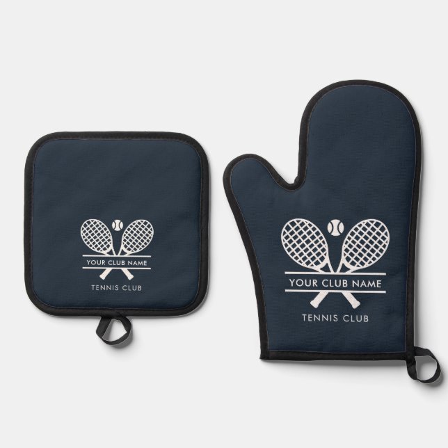 Tennis Club Name Team White Rackets Motif Oven Mitt & Pot Holder Set (Front)
