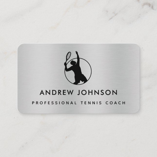Tennis Coach Metallic Player Logo Social Media Business Card (Front)