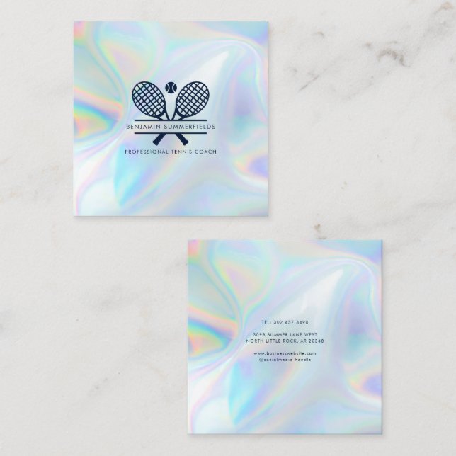 Tennis Coach Minimal Typography Holographic Square Business Card (Front/Back)