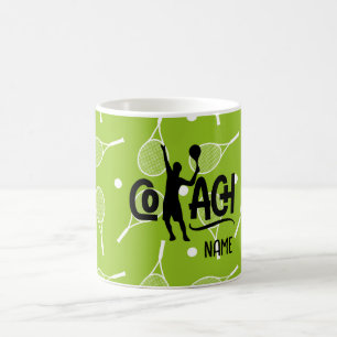 Tennis coach with racket and ball with name coffee mug
