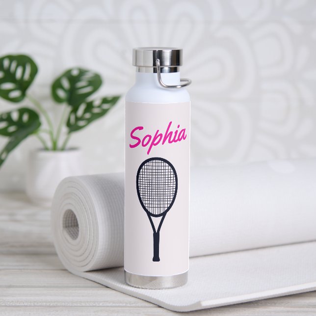 Tennis Custom Name Hot Pink Black Water Bottle (Yoga)