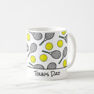 Tennis Dad Mom Balls Racquets Yellow White Black Coffee Mug