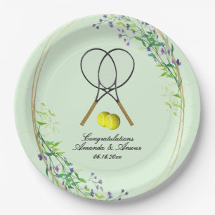 Tennis Doubles Wedding 3 Text Lines Green Paper Plate