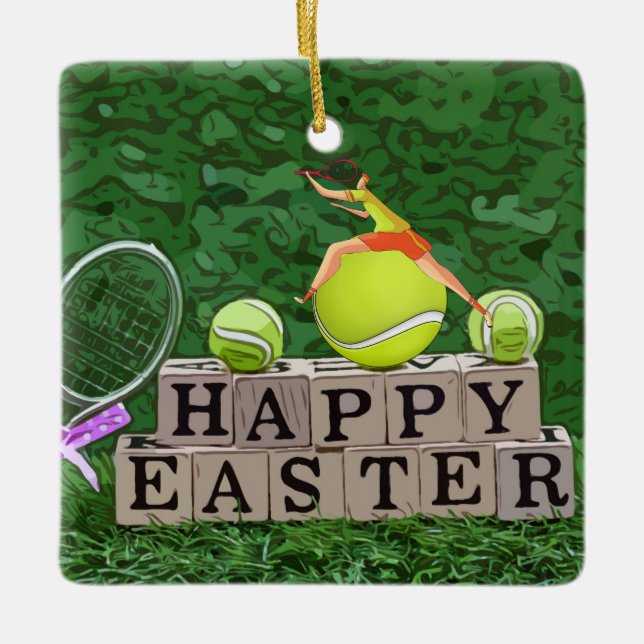 Tennis Easter Holiday eggs with ball and racket    Ceramic Ornament (Front)