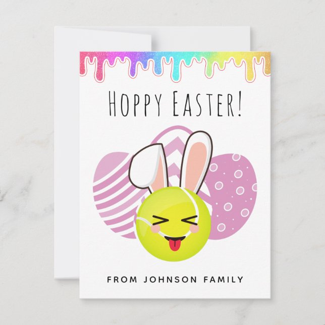 Tennis Easter Kawaii Bunny Ball Pink Eggs Colourfu Holiday Card (Front)