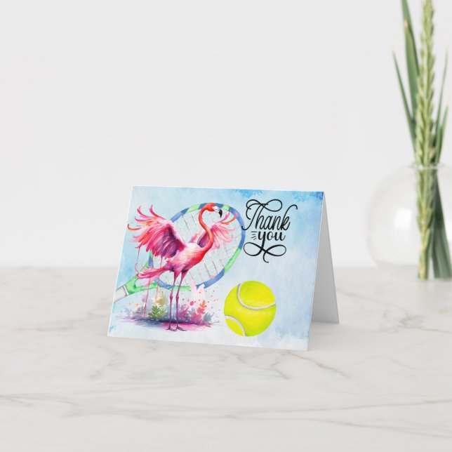 Tennis  Flamingo thank you card with ball on court (Front)