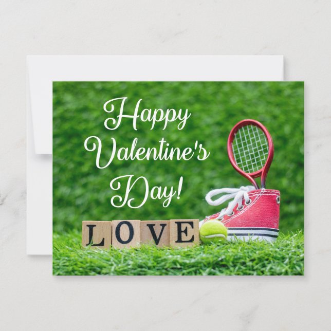 Tennis for Valentine's Day with racket and ball Holiday Card (Front)