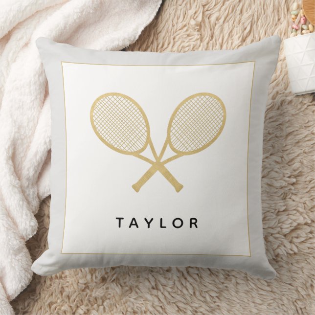 Tennis Gift Chic Gold Grey Black Custom Name Throw Pillow (Blanket)