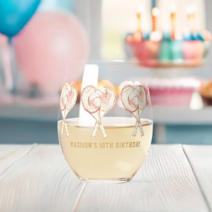 Tennis Girl Birthday Personalized Watercolor Stemless Wine Glass