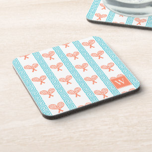 Tennis Greek Key Stripe - Coral & Turquoise Coaster