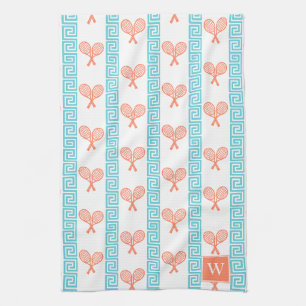 Tennis Greek Key Stripe Coral & Turquoise Monogram Kitchen Towel