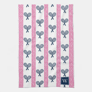 Tennis Greek Key Stripe - Navy & Hot Pink Monogram Kitchen Towel